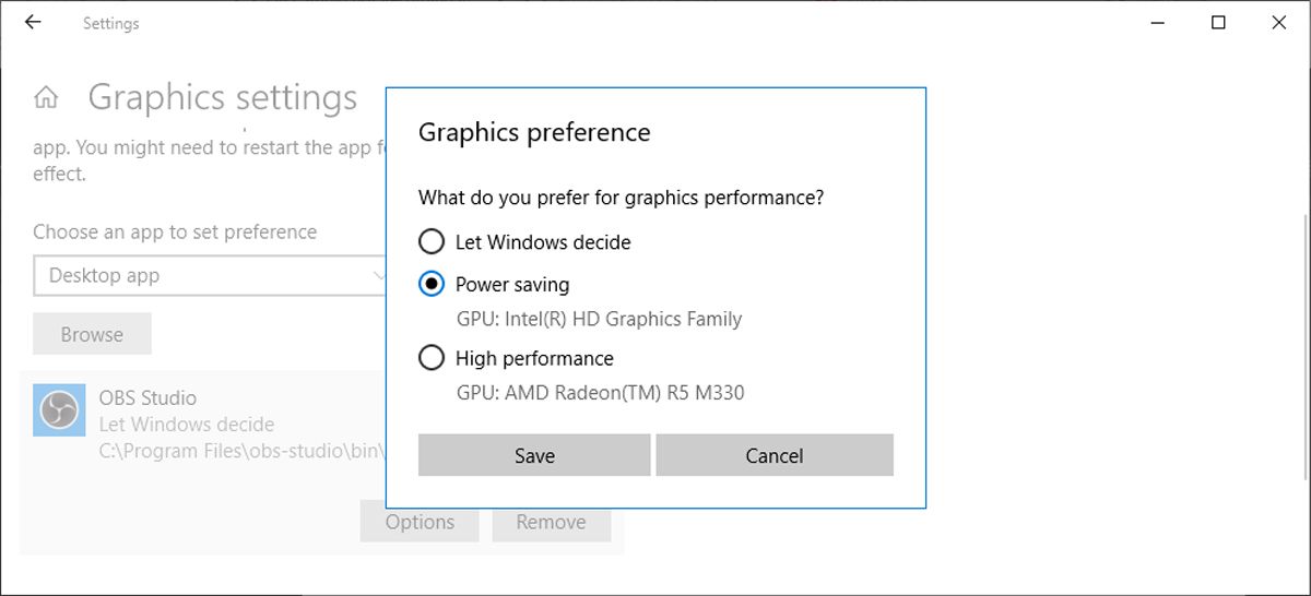 Graphics settings in Windows 10.