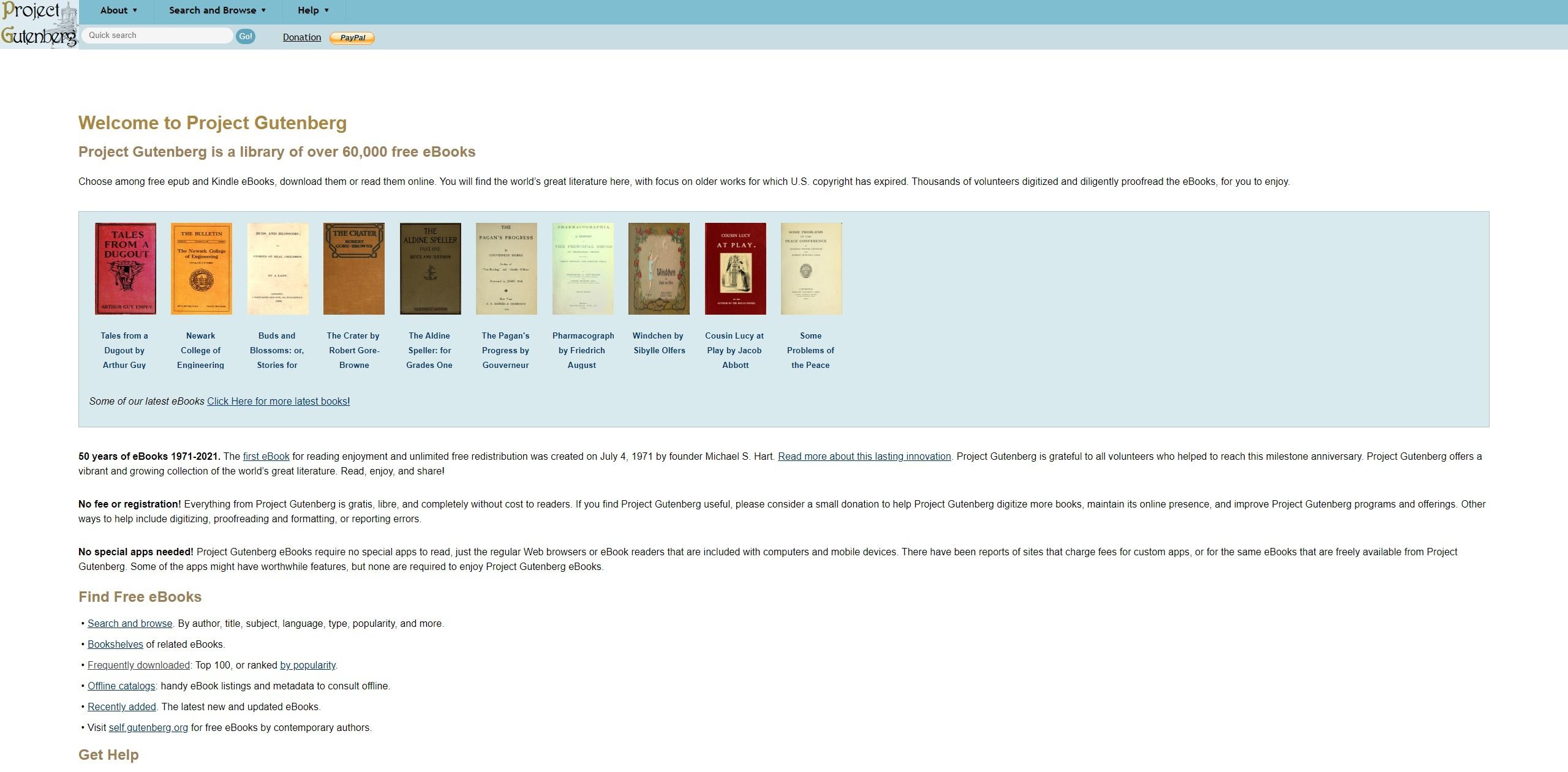 Screenshot showing the project gutenberg website