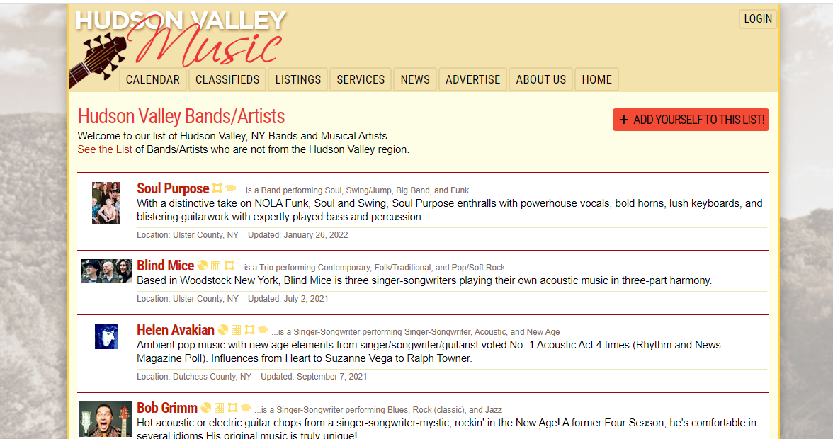 hudson valley music website screenshot