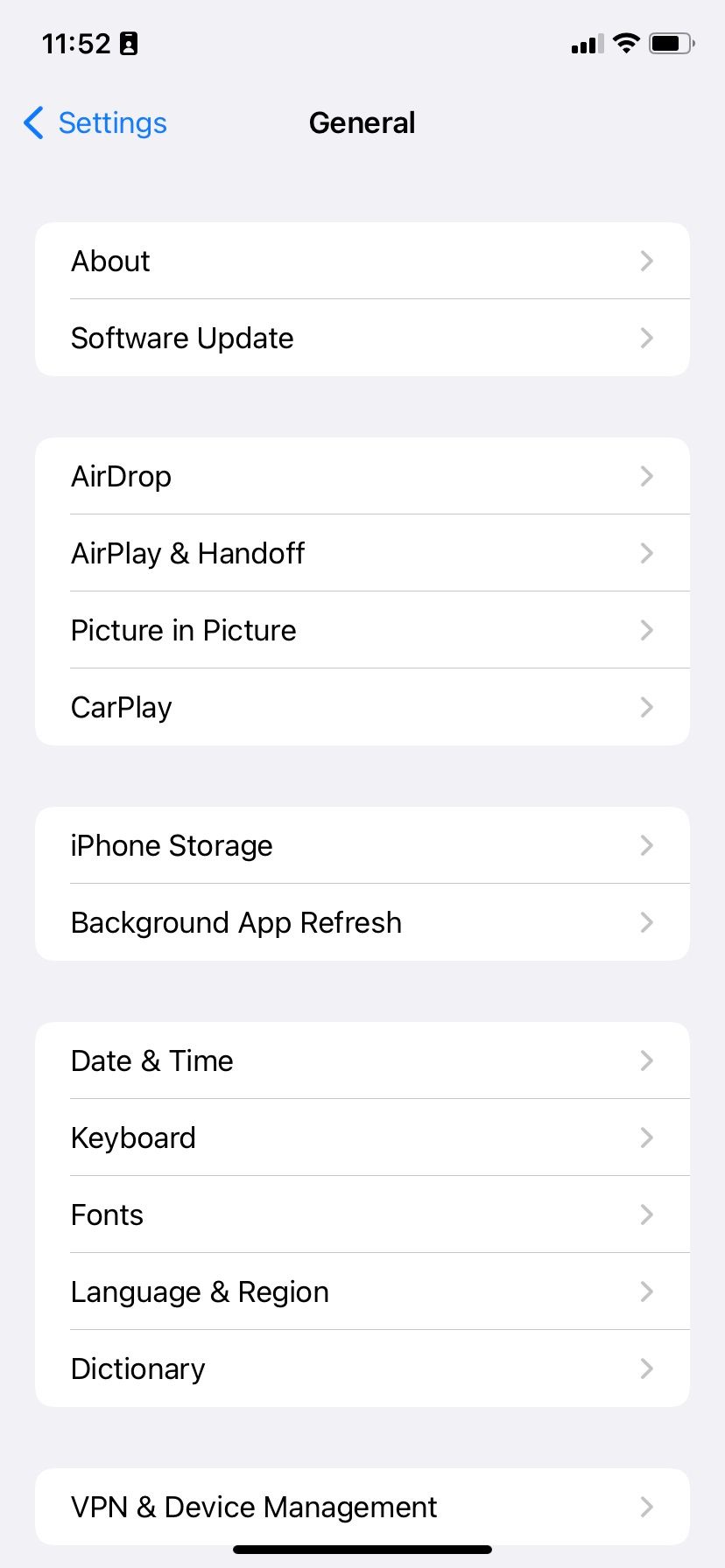 General settings page on iOS