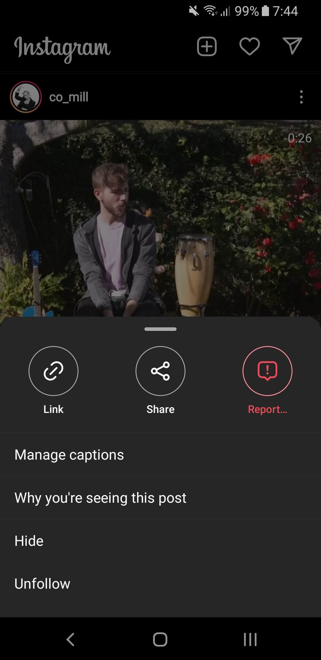 instagram options when viewing a video