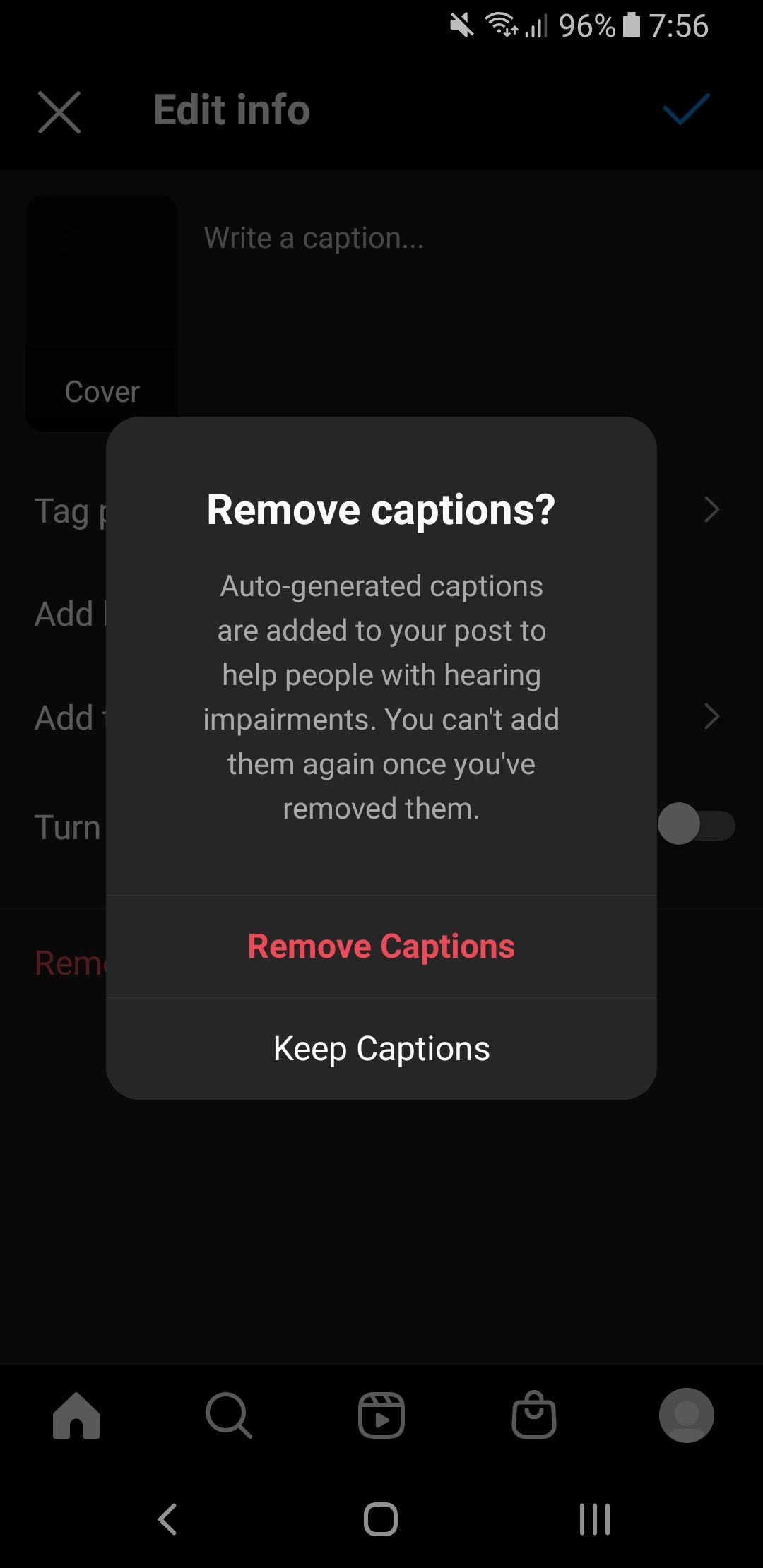 instagram remove captions prompt