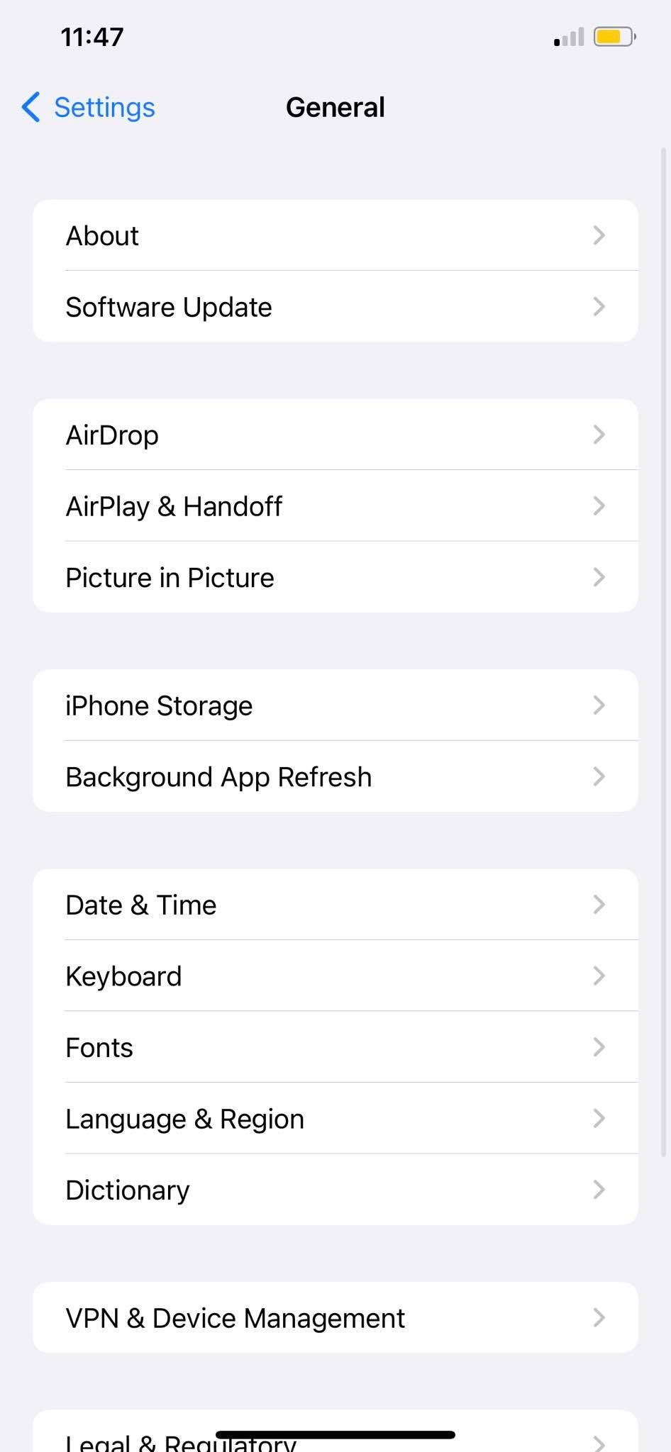 The general page of iPhone settings