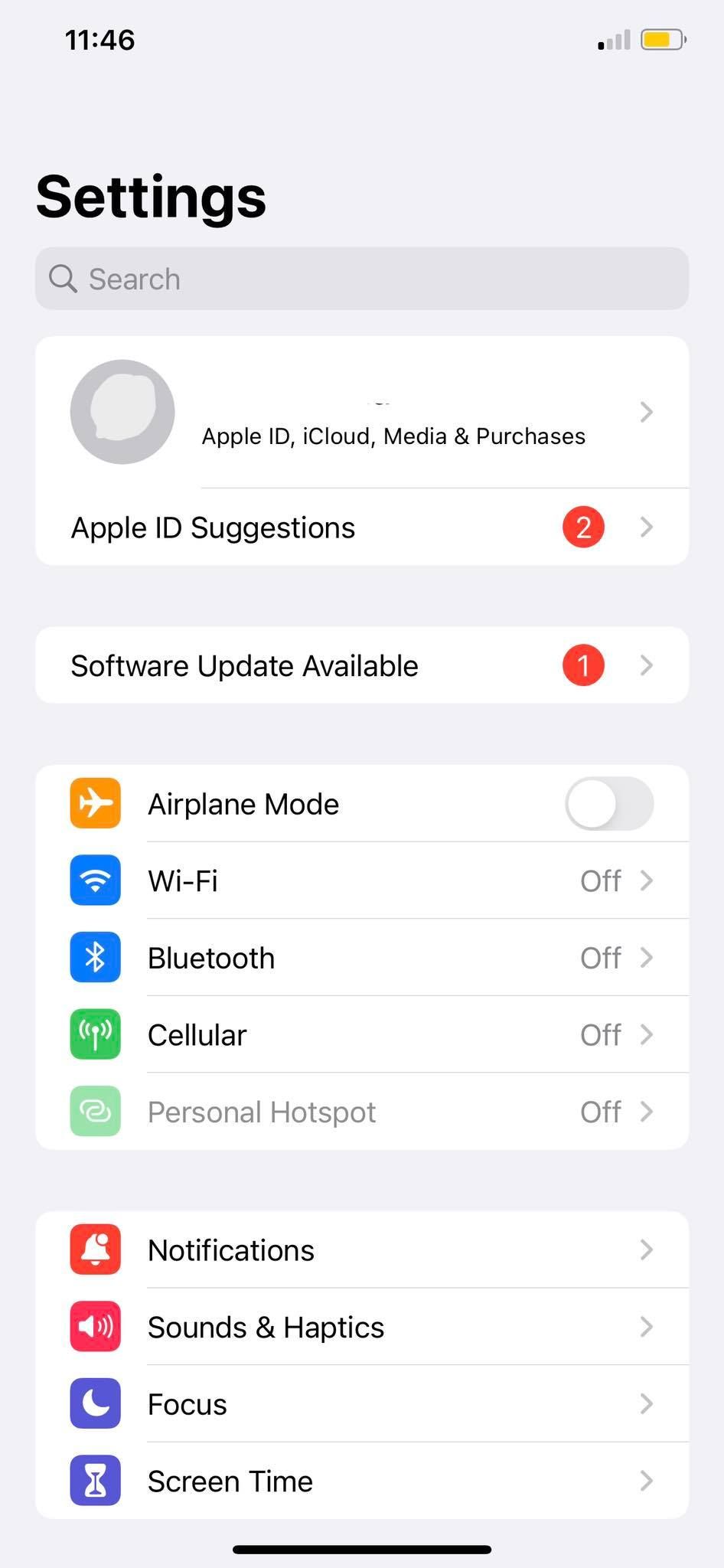 The settings homepage of an iPhone