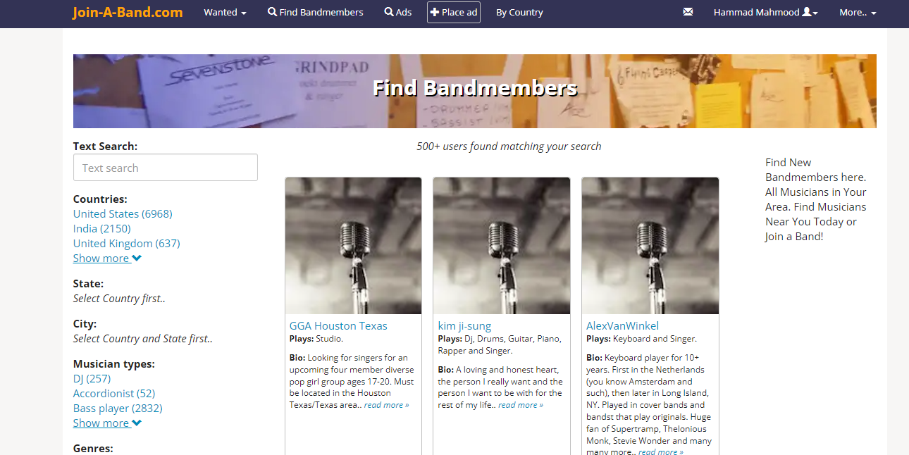 Join-A-Band website screenshot