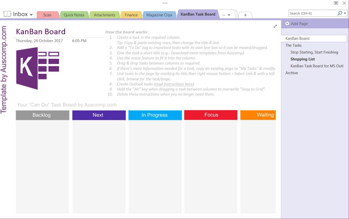kanban template for OneNote by Auscomp