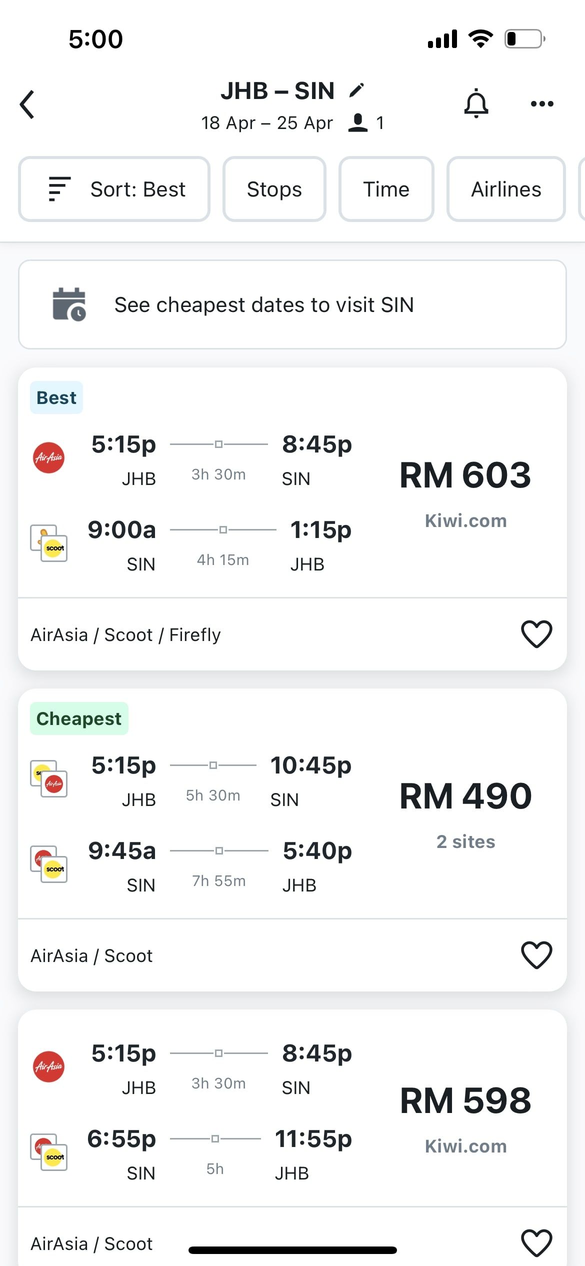 kayak app pricing results