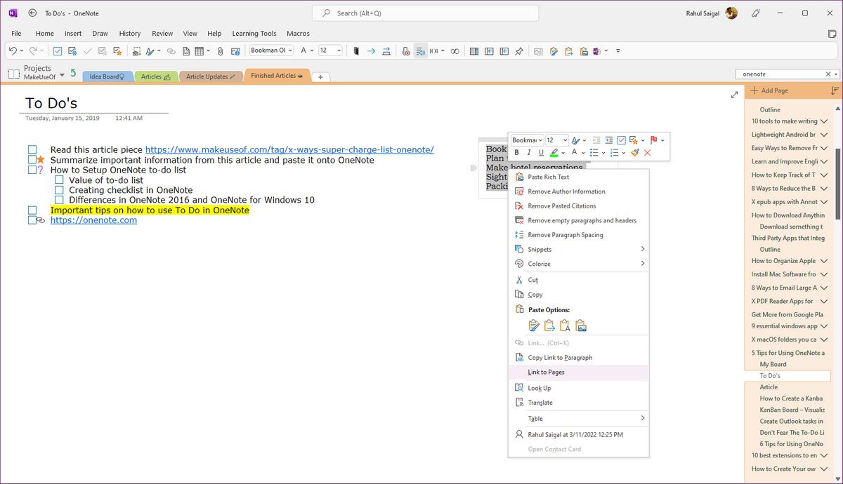 link to pages OneNote2021