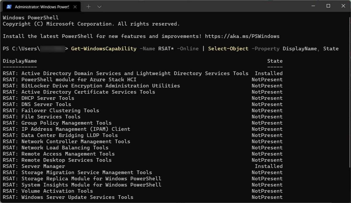Using the Windows Terminal to view the list of RSAT features installed.