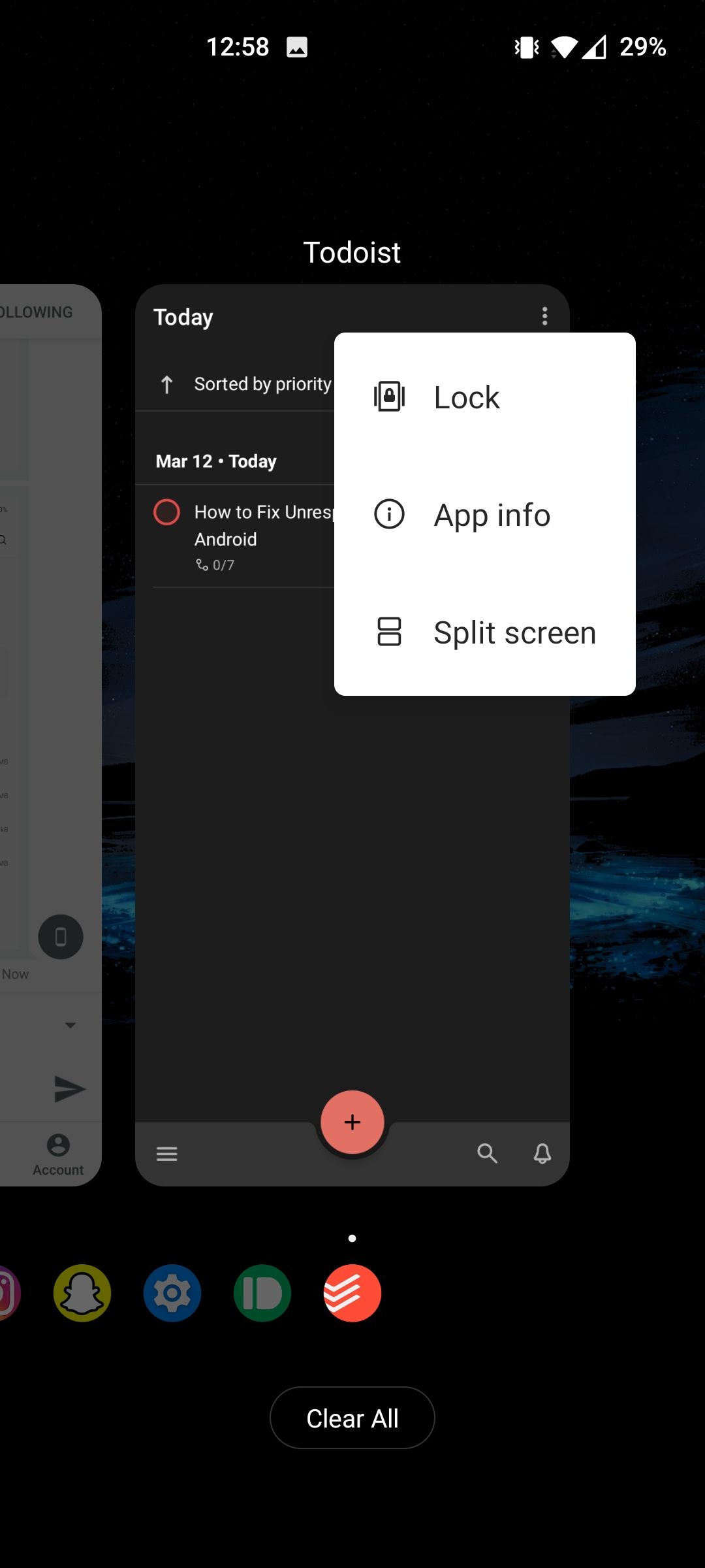 Menu with an option to lock app