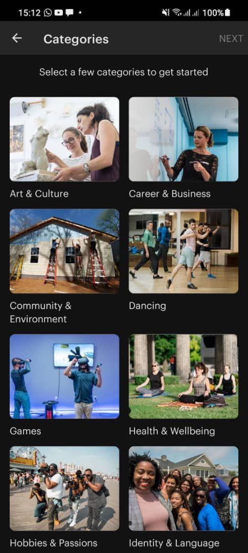 Screenshot of Meetup showing different categories