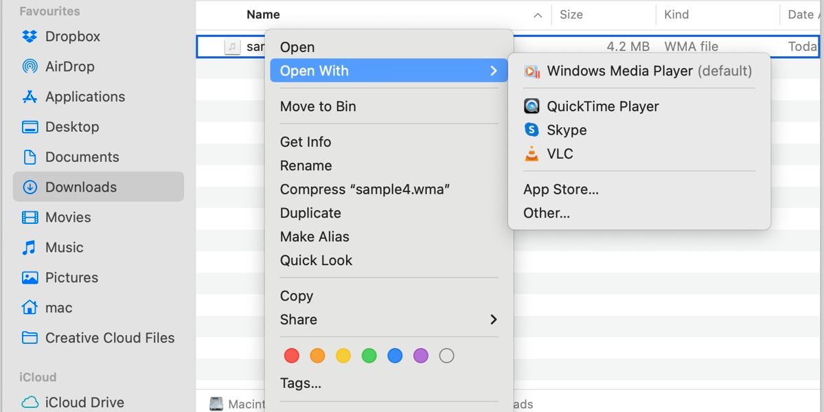 Mac Finder Open With menu with VLC showing