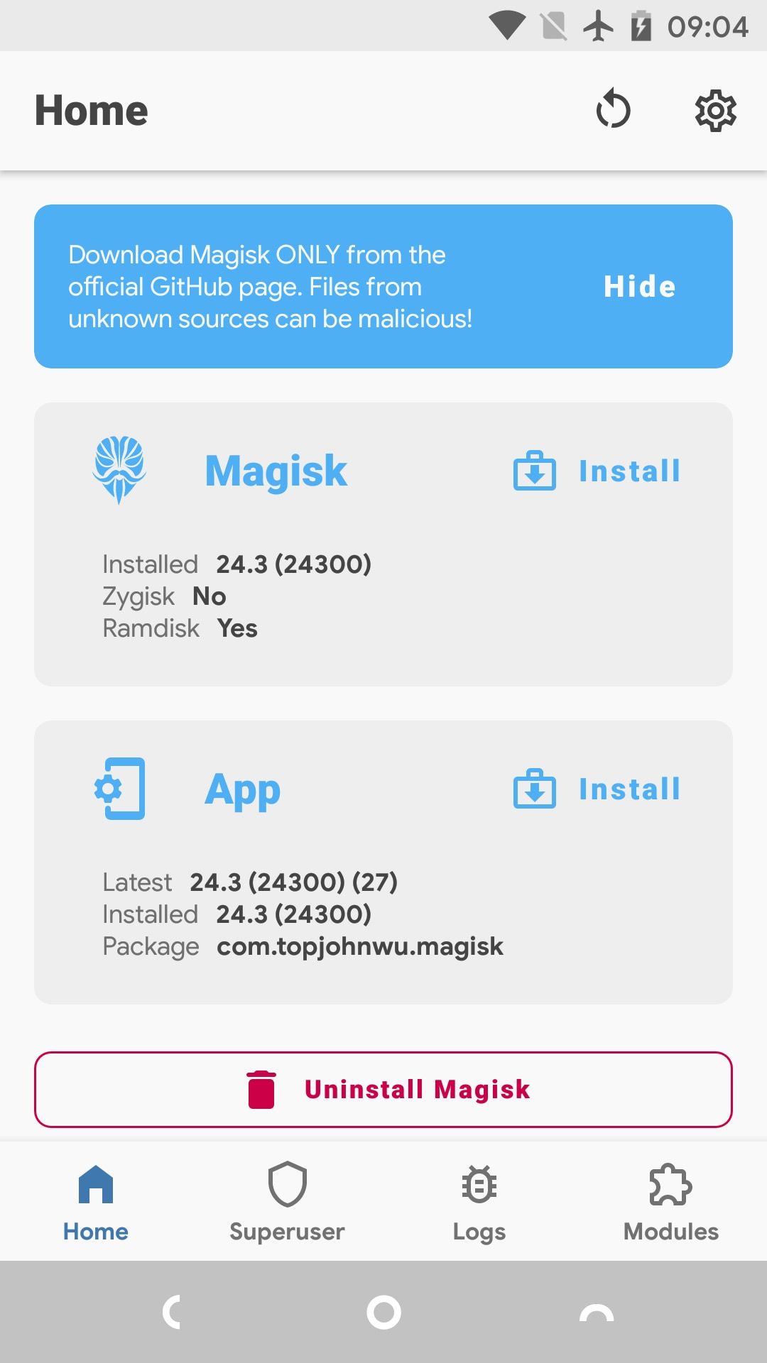 magisk manager home screen