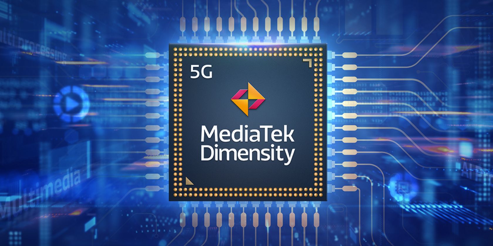 Logo MediaTek di atas beberapa seni konsep chip pemrosesan.