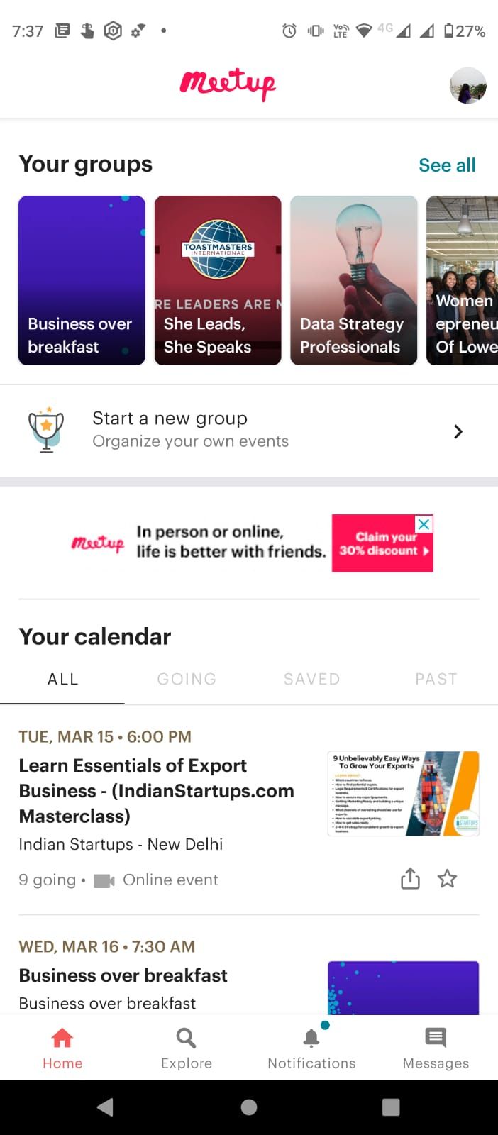 meetup app's home page