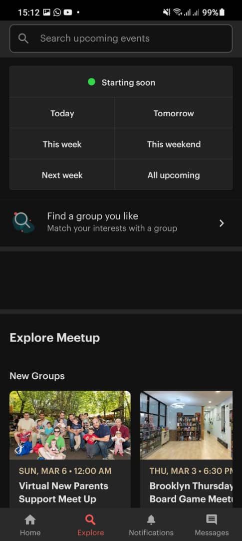 Screenshot of Meetup showing different groups