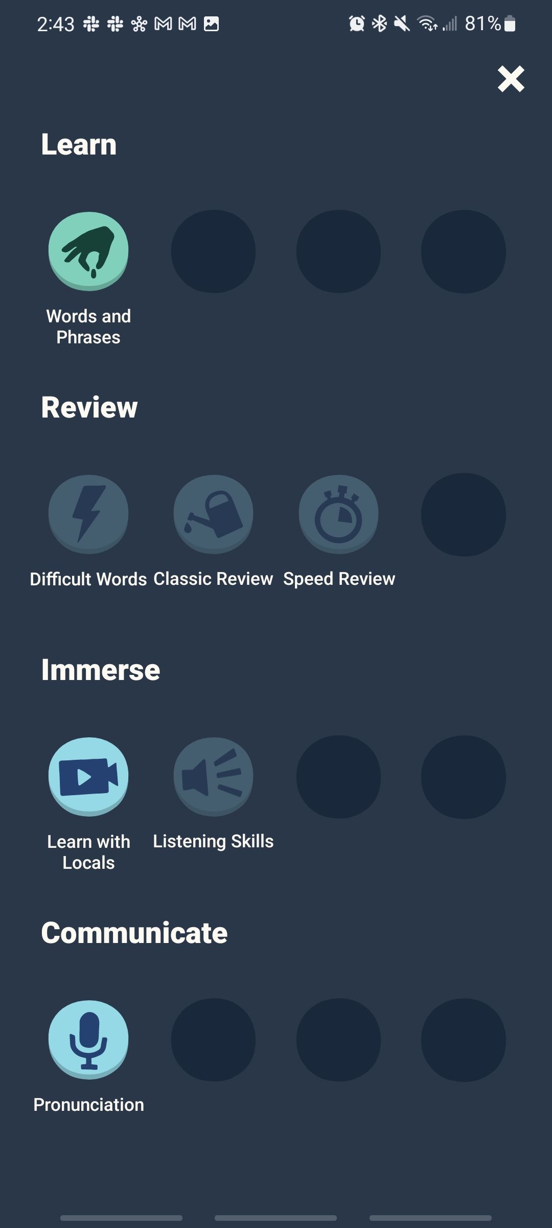 memrise app showing different ways to learn
