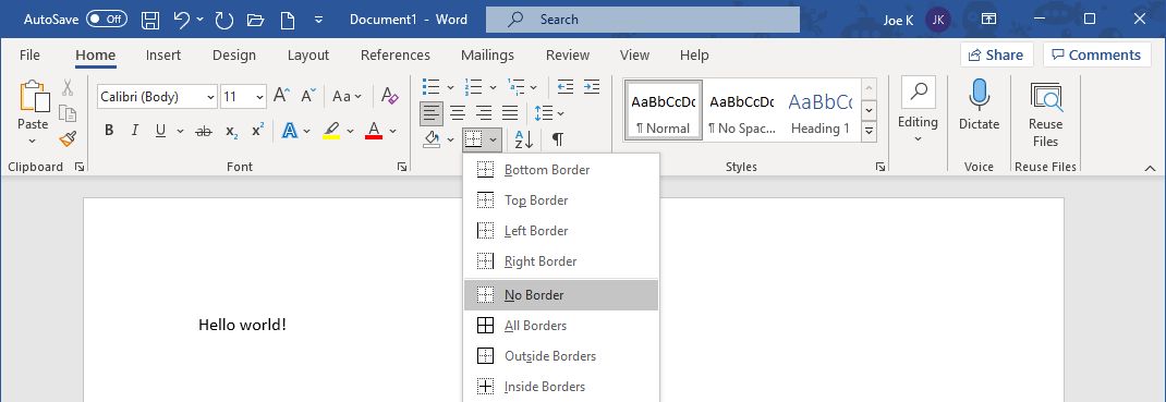 microsoft word no border