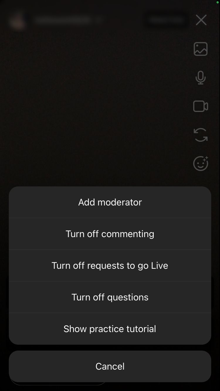 mobile screenshot showing instagram live menu options
