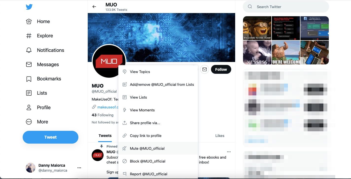 screenshot showing how to mute an account on twitter