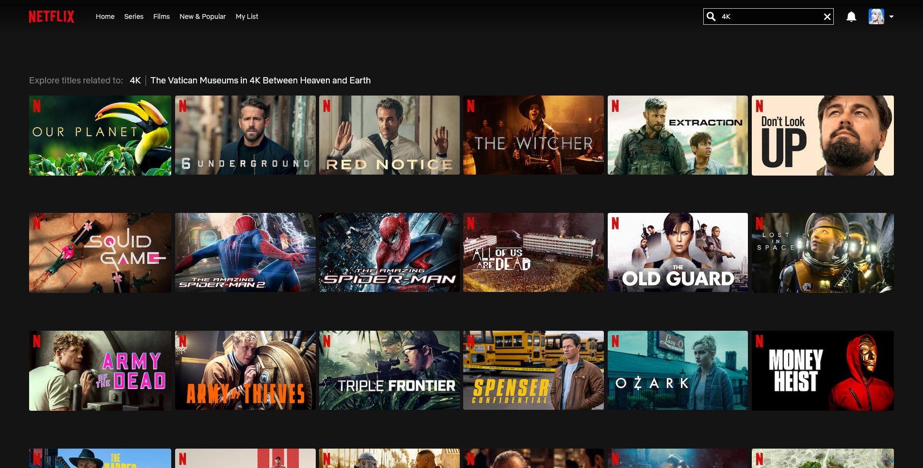 Rezultatele căutării pentru „4K” pe Netflix.