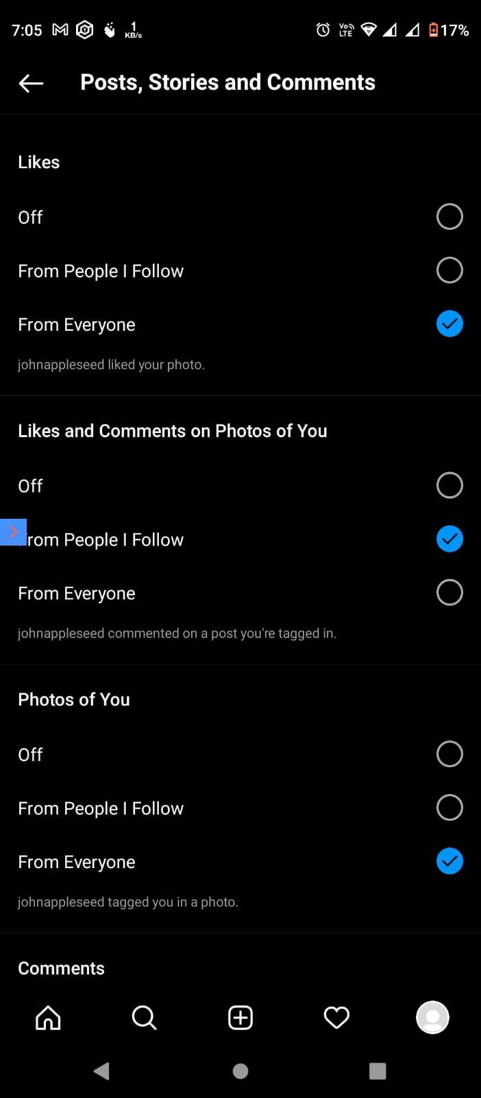 Instagram notifications selection page 