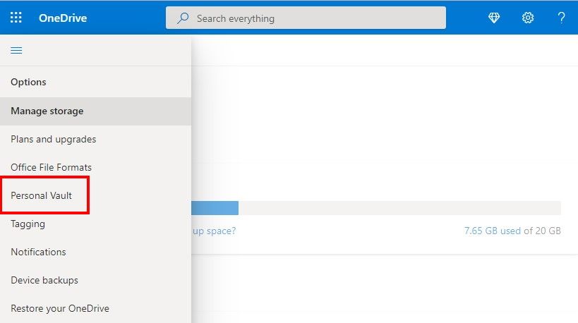 OneDrive's settings' options
