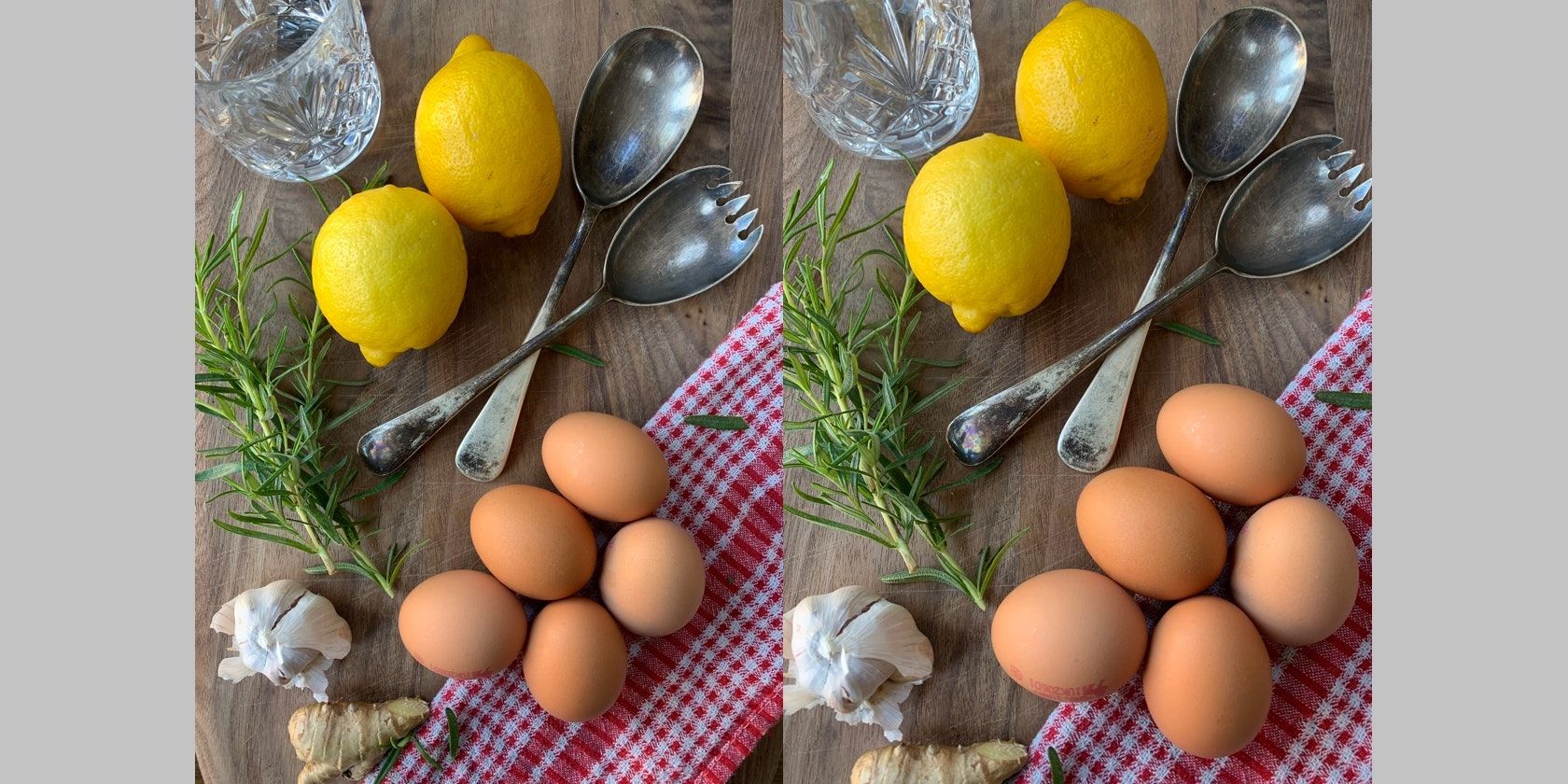 Two overhead shots side by side showing the same ingredients. One image was taken straight while the other was captured at a slight angle