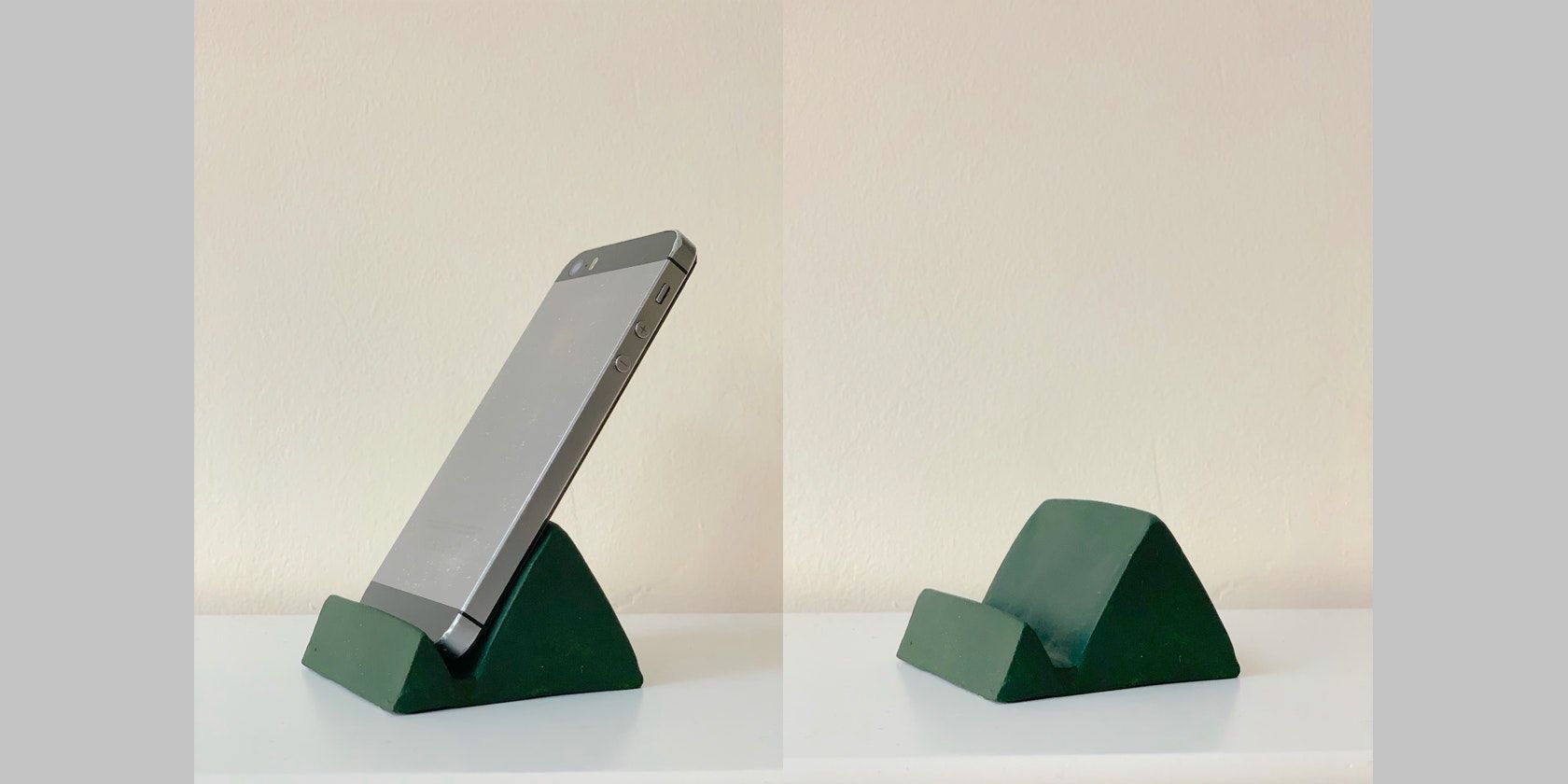 Two images of a green triangle shape phone stand showing it with and without an iPhone
