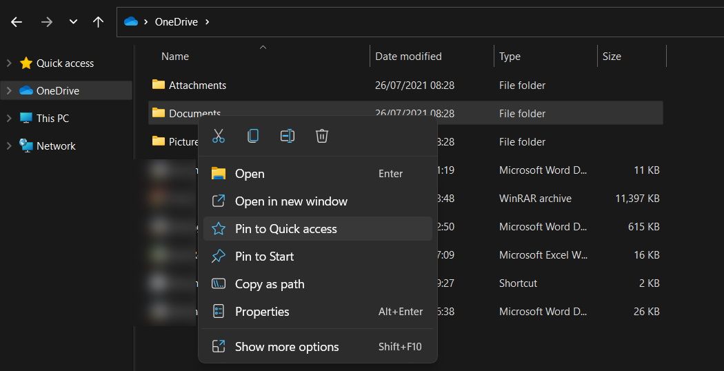Pinning file to Quick Access from context menu.