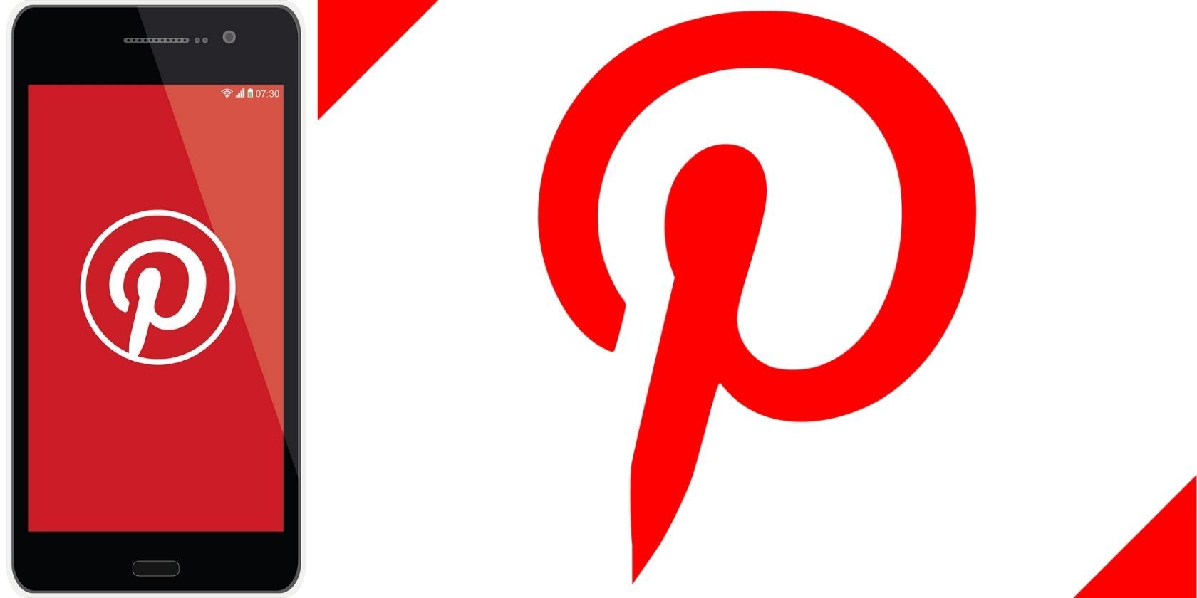 Mock-up image of Pinterest app on a phone with the Pinterest vector logo