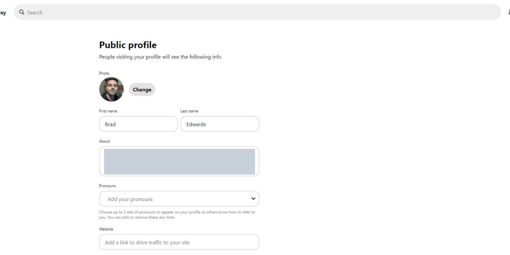 The public profile page on the Pinterest web browser version.