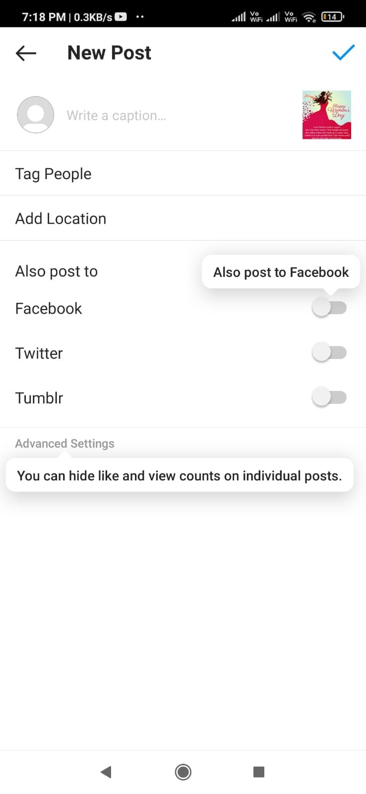 Instagram final post sharing page to tag people and add location
