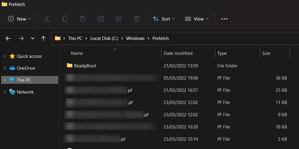 Prefetch folder and files in Windows 11.