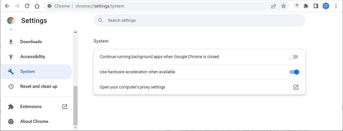 Google Chrome settings.