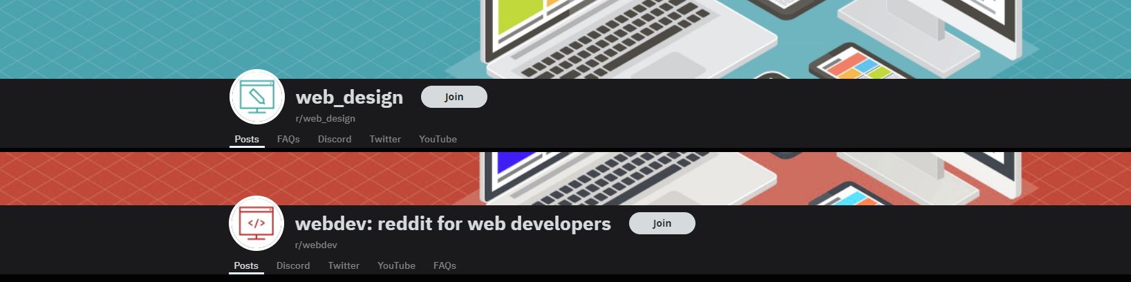A Screenshot of r/web_design and r/webdev's Banners