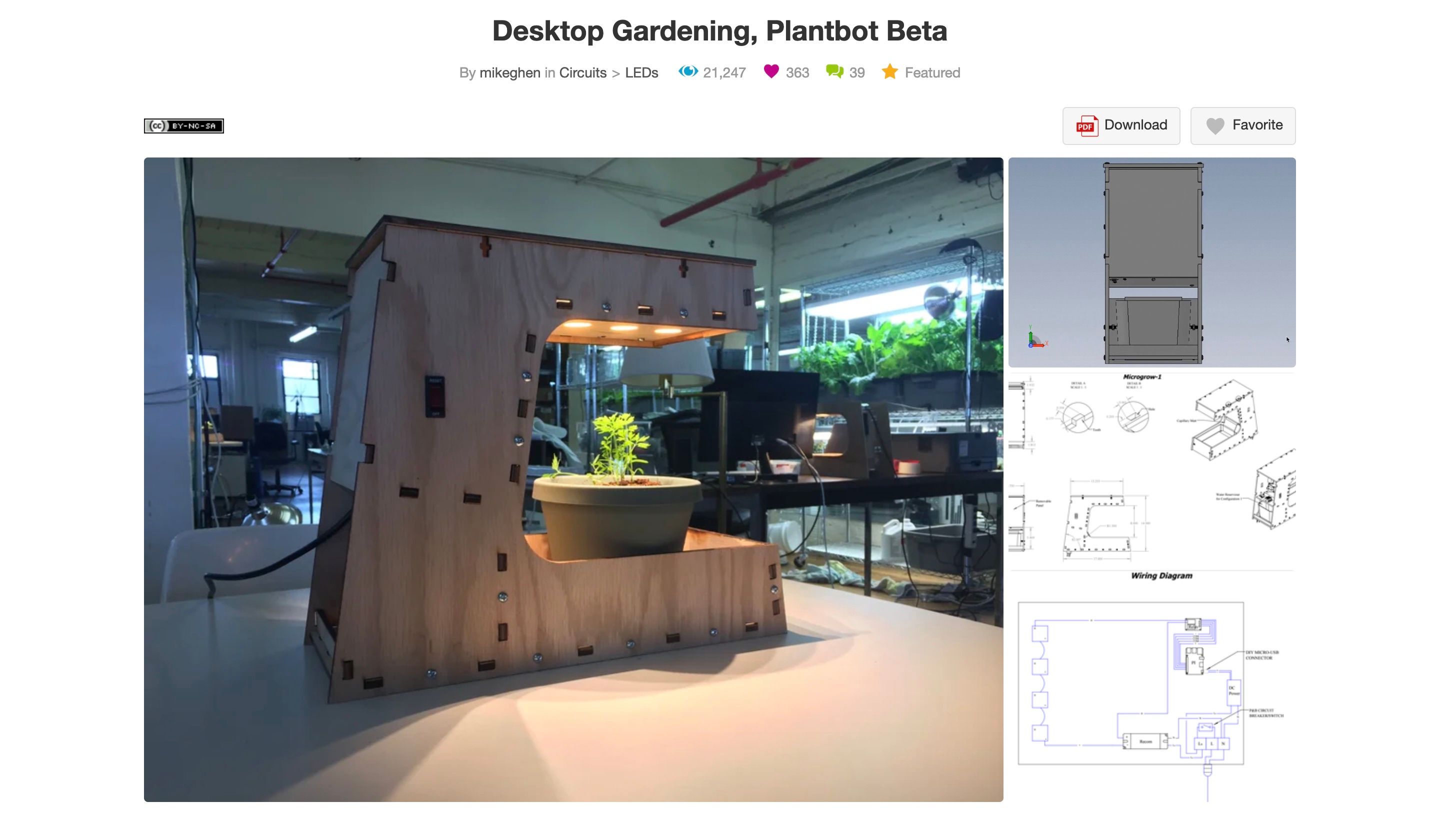 A screenshot showing a wooden dektop planter next to images of design schematics