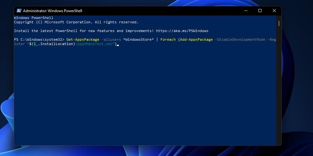 The reinstall app package PowerShell command 