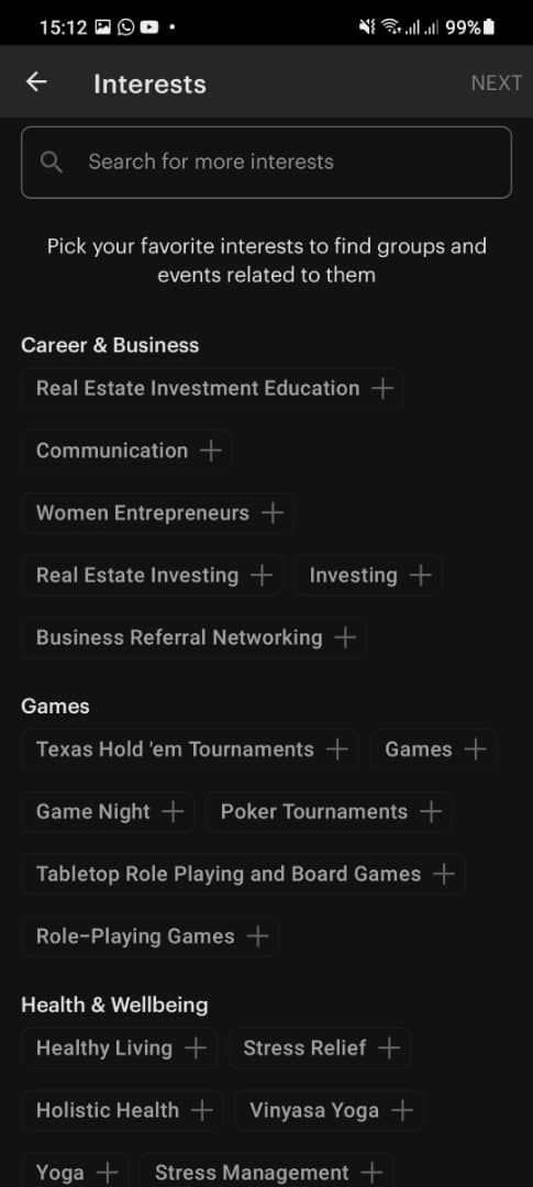 Screenshot of Meetup showing different interests