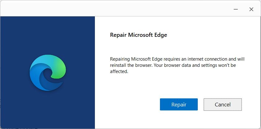 Window for repairing Edge in Windows 11.