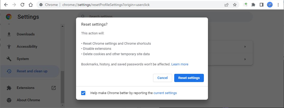 Resetting Google Chrome.