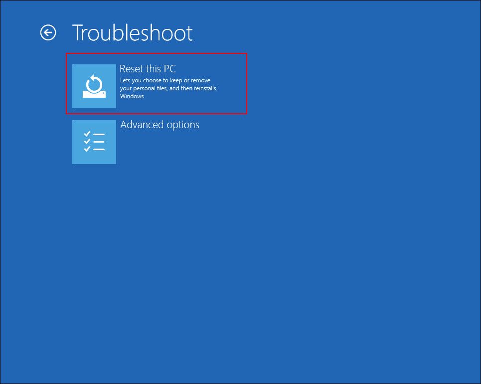Reset this PC option within the Troubleshoot menu