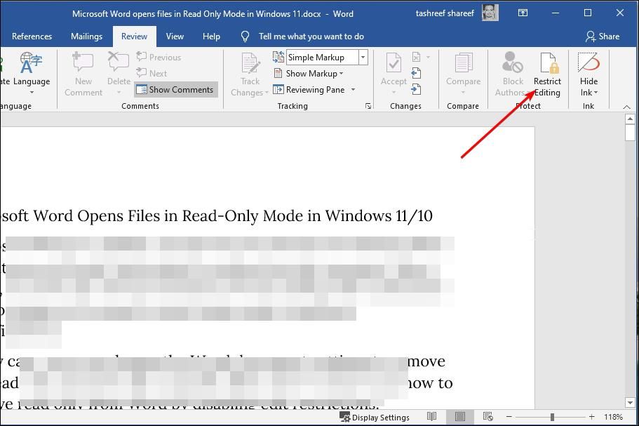 restrict editing MS Word