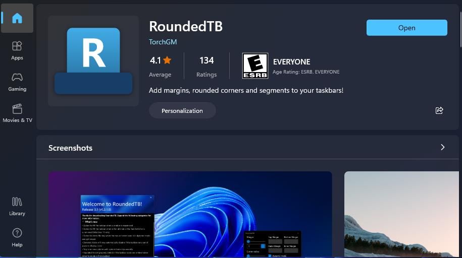 The RoundedTB app page 