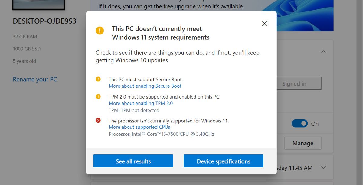 PC Health Check showing Windows 11 system requirements