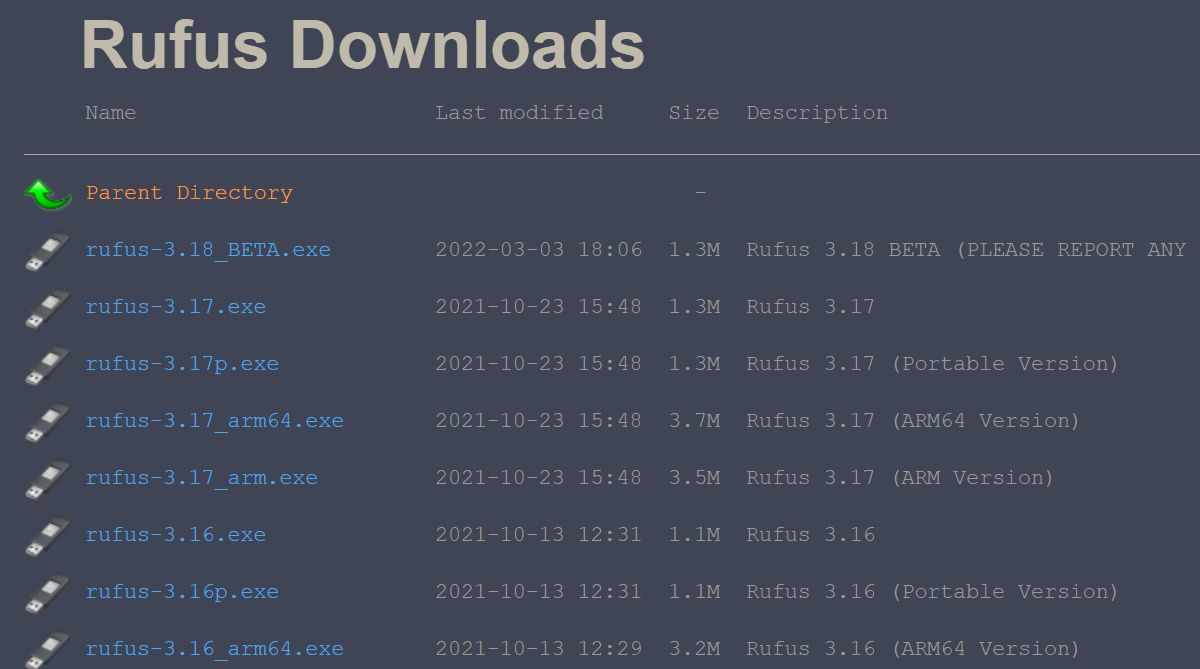 A list of download on the Rufus website