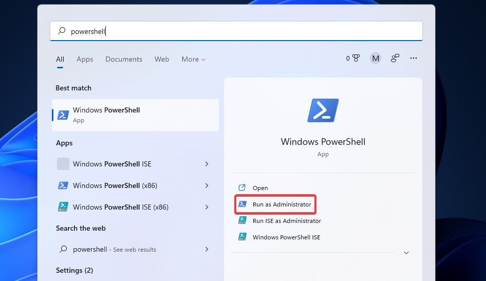 The Run as Administrator option for Windows PowerShell 