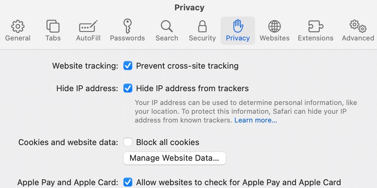 Safari privacy preferences with prevent cross-site tracking ticked