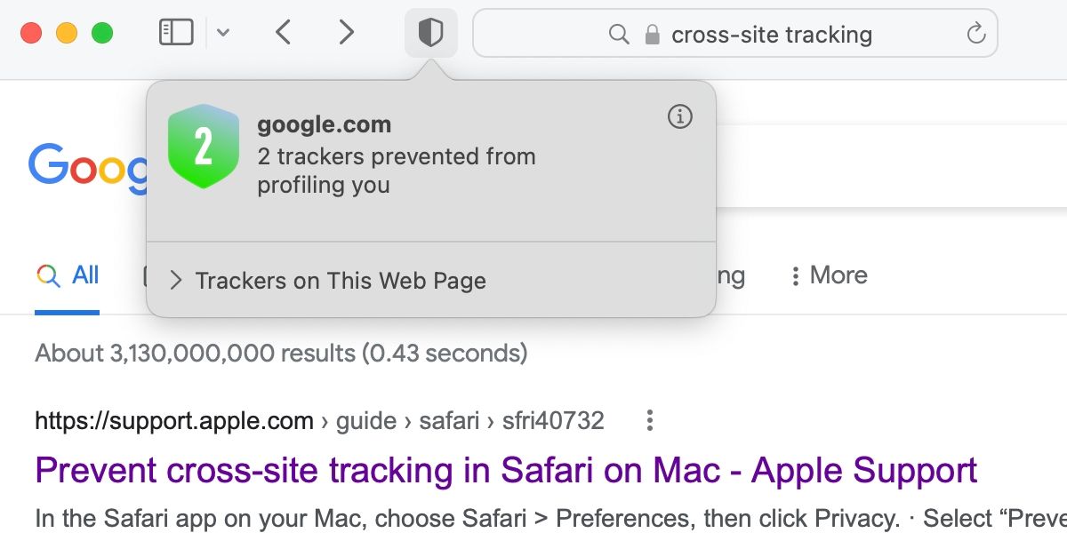 Safari privacy report box showing blocked trackers