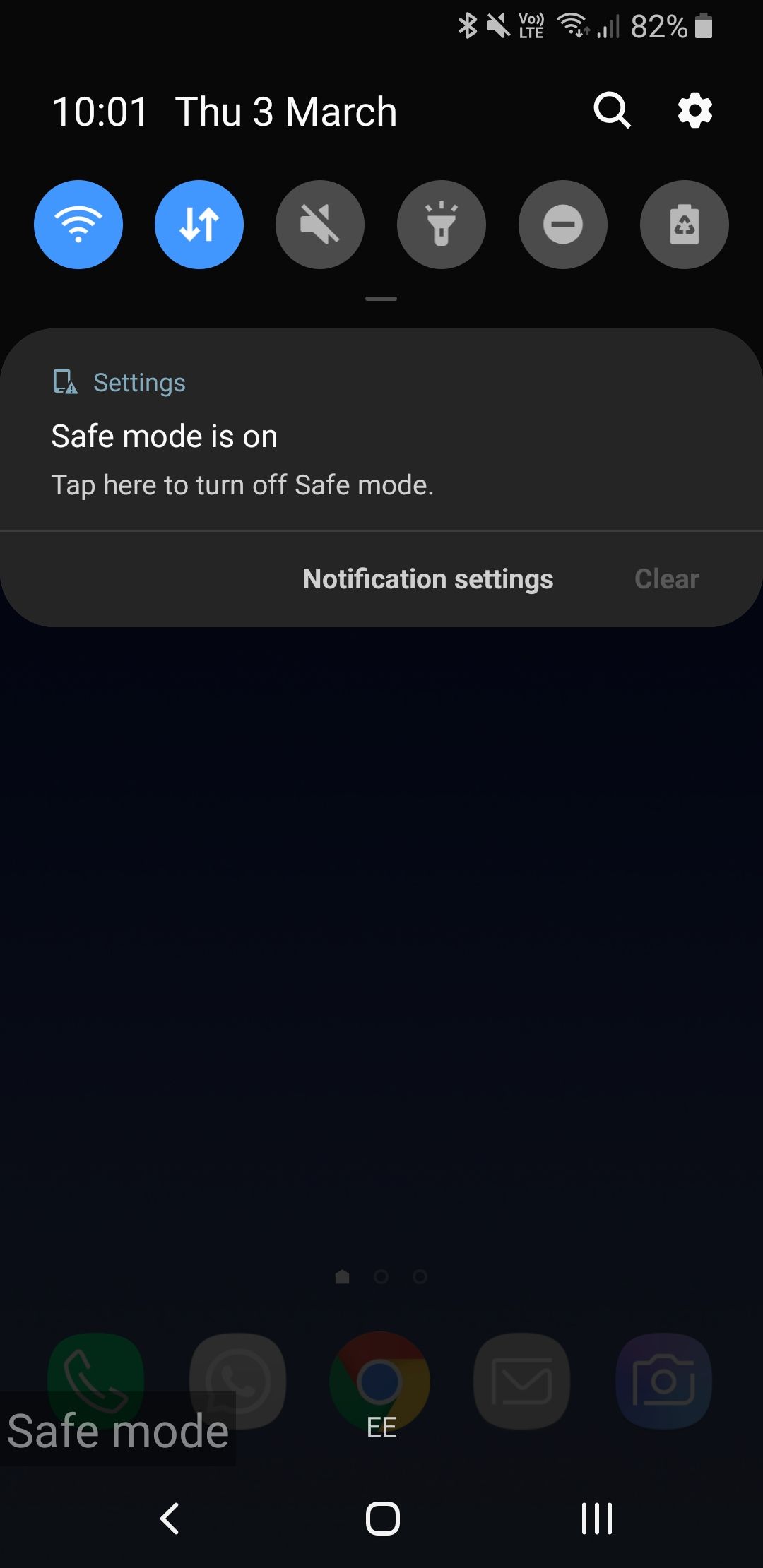 safe mode notification on samsung phone